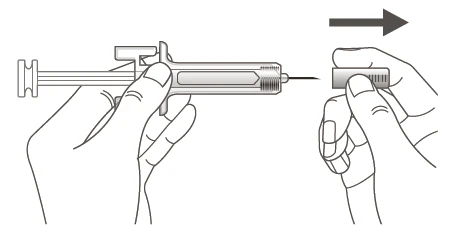 Two hands handling a syringe while an arrow indicates sliding a protective cap to the right to remove it