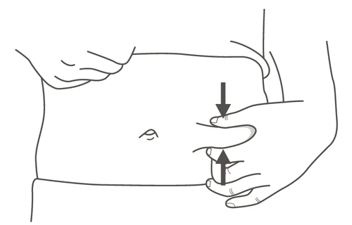 Line drawing of a human torso with hands pressing on the skin