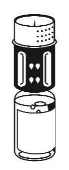 Dibujo técnico en blanco y negro de un vial médico cilíndrico con tapón superior perforado y cuerpo inferior transparente con burbujas de