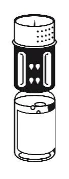Dibujo esquemático en blanco y negro de un frasco médico dividido en dos partes, con una sección superior punteada y una base cilíndrica vacía