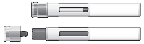 Technical drawing of a two-step medical injection pen, with the cap removed to show the