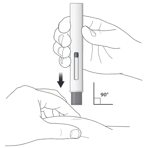 A hand holding an injection pen vertically to apply it at a 90-degree angle to the skin of a person's leg