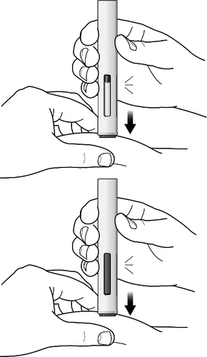 Technical drawing showing two hands holding an injection pen to apply it vertically to the skin of the arm with a downward arrow