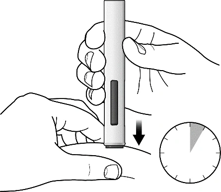 Two hands holding an injection pen vertically above the skin with a downward-pointing arrow and a clock indicating time