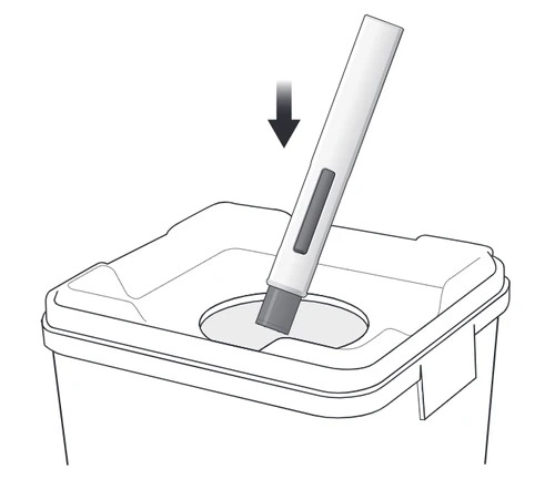 Technical drawing of an injection pen being inserted vertically into