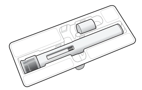 Technical drawing of a plastic container with compartments housing a cylindrical injection pen and a small cylindrical vial