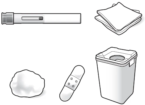 Illustration of an injection pen, a stack of gauze pads, a cotton ball, and a bandage next to a sharps disposal container