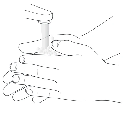 Line drawing of two hands being washed under a stream of water