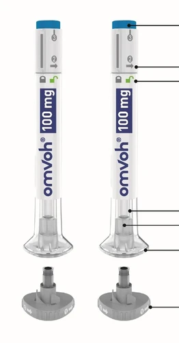 Две инъекционные ручки Omvoh по 100 mg с чёрными линиями, указывающими на различные части устройства и нижний защитный колпачок