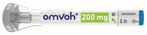 Автоматическая инъекционная ручка Omvoh 200 mg с белым корпусом, синим логотипом, зелёной этикеткой и серыми иконками инструкций по применению