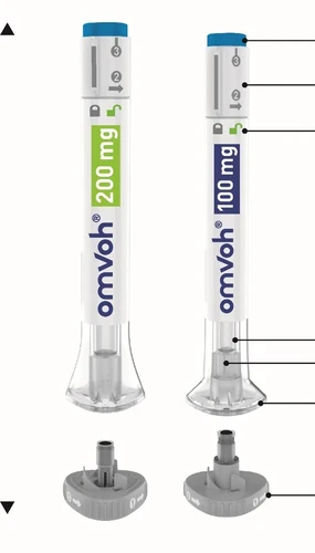 Две инъекционные ручки Omvoh 200 mg и 100 mg с числовыми обозначениями, детализированными компонентами и двумя отдельными серыми круглыми основаниями