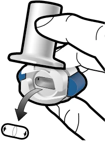 A hand holding a white and blue medical device with an arrow indicating downward rotational movement to open it