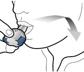 Schematic drawing of a person holding a medical device between the lips with an arrow indicating movement towards the