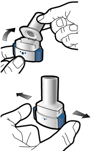 Two hands operating a white and blue medical device, with arrows indicating rotational movement and the