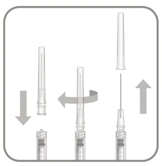 Diagram with three steps showing how to insert, rotate, and remove a needle from a syringe using gray directional arrows