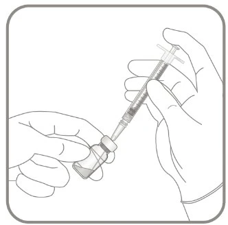 Two hands holding a syringe to draw liquid from a small glass vial with a rubber stopper
