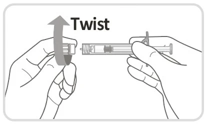Two hands holding a syringe and a cap, with a curved arrow pointing toward removal or attachment