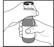 Two hands hold a vial while the upper hand twists the cap clockwise, indicated by a curved black arrow