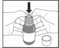 Two hands hold a vial with a black arrow indicating to press downward on the cap while a cap is placed beside it