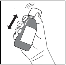 A hand holds a dark vial and shakes it vertically following the direction indicated by a double-headed arrow