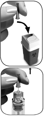 Dos manos muestran cómo insertar una tapa protectora en un contenedor de residuos biológicos y cómo aplicar una aguja a un frasco de vidrio