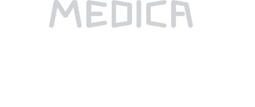Логотип слова MEDICA, написанного заглавными серыми буквами современным стилизованным шрифтом на белом фоне