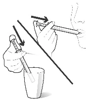 Dibujo técnico que muestra una mano sumergiendo una jeringa en un vaso y un