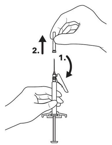 Dibujo técnico que muestra una mano insertando un tapón en una jeringa y una segunda mano retirándolo hacia arriba