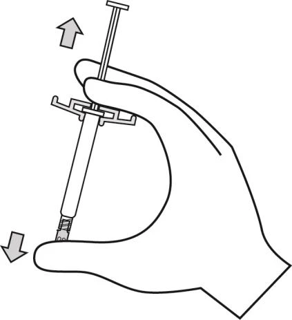 Technical drawing of a hand holding a syringe with arrows indicating the pushing motion downward