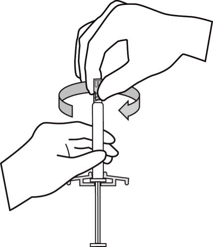 Black and white drawing showing two hands rotating the upper part of a syringe, with a circular arrow indicating the rotational movement