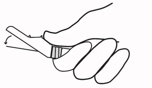 Line drawing of a hand holding a cylindrical medical device with an arrow indicating a downward opening motion