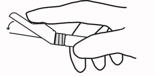 Two hands holding and bending a white medical device with a black arrow indicating downward flexion movement