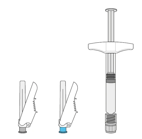 Dibujo técnico de un dispositivo médico compuesto por dos componentes verticales con tapones protectores y un inyector con émbolo y mango en forma de T