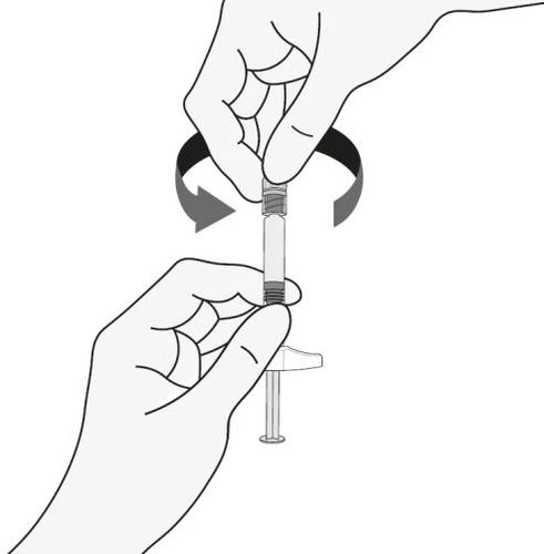 Dos manos sujetando una jeringa con flechas curvas que indican el movimiento de rotación para desenroscar o enroscar el componente superior