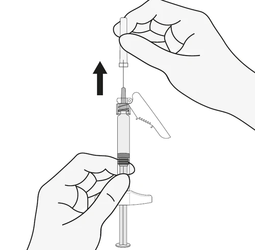 Dibujo técnico que muestra dos manos separando una aguja de un dispositivo médico mediante un movimiento hacia el