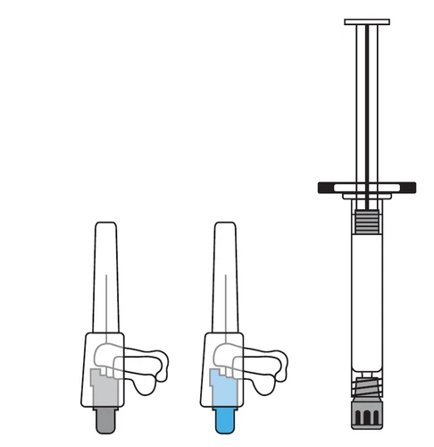 Technical drawing of a syringe with needle and two cylindrical containers with caps, one gray and one blue, on a white background