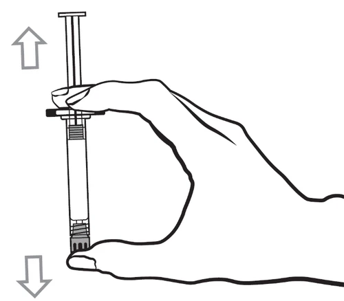 Black and white drawing of a hand holding a syringe between thumb and index finger, with arrows indicating downward movement