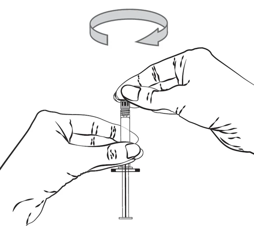 Two hands hold a syringe vertically while a curved arrow indicates a clockwise rotational movement to unscrew or screw the upper component
