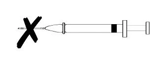 Dibujo esquemático de una jeringa horizontal con una gran cruz negra encima