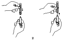 Dibujo técnico que muestra dos manos manipulando un dispositivo médico con flechas que indican el movimiento de inserción y extracción