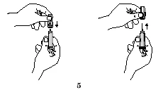 Dibujo técnico que muestra dos manos ensamblando o separando componentes de una jeringa con flechas direccionales hacia afuera