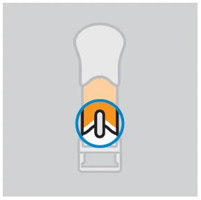 Ilustración de un dispositivo médico con un círculo azul que resalta la parte superior naranja y la punta blanca con marcas negras
