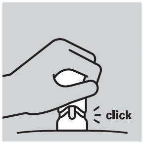 Dibujo en blanco y negro de una mano presionando un dispositivo médico con la palabra 'click' al lado para indicar la activación