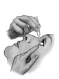 Two hands applying a small device or patch to the upper part of the