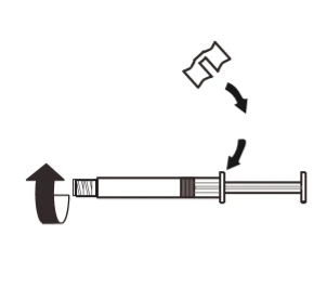 Diagram showing rotational movement to separate the top part of a syringe from the main body using curved arrows