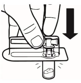A hand pressing a cap downward onto a glass vial to seal it, indicated by a black arrow pointing downward