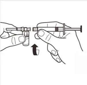 Two hands handling a syringe and a medication vial with a black arrow pointing to the left