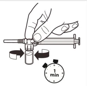 A hand shaking a medication vial vertically with directional arrows and a timer indicating one minute