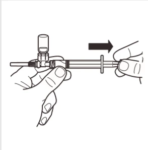 Two hands holding a syringe with a three-way connector, and a black arrow indicating pulling the plunger to the right