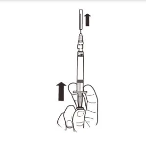 A hand holding a syringe with an arrow pointing upward